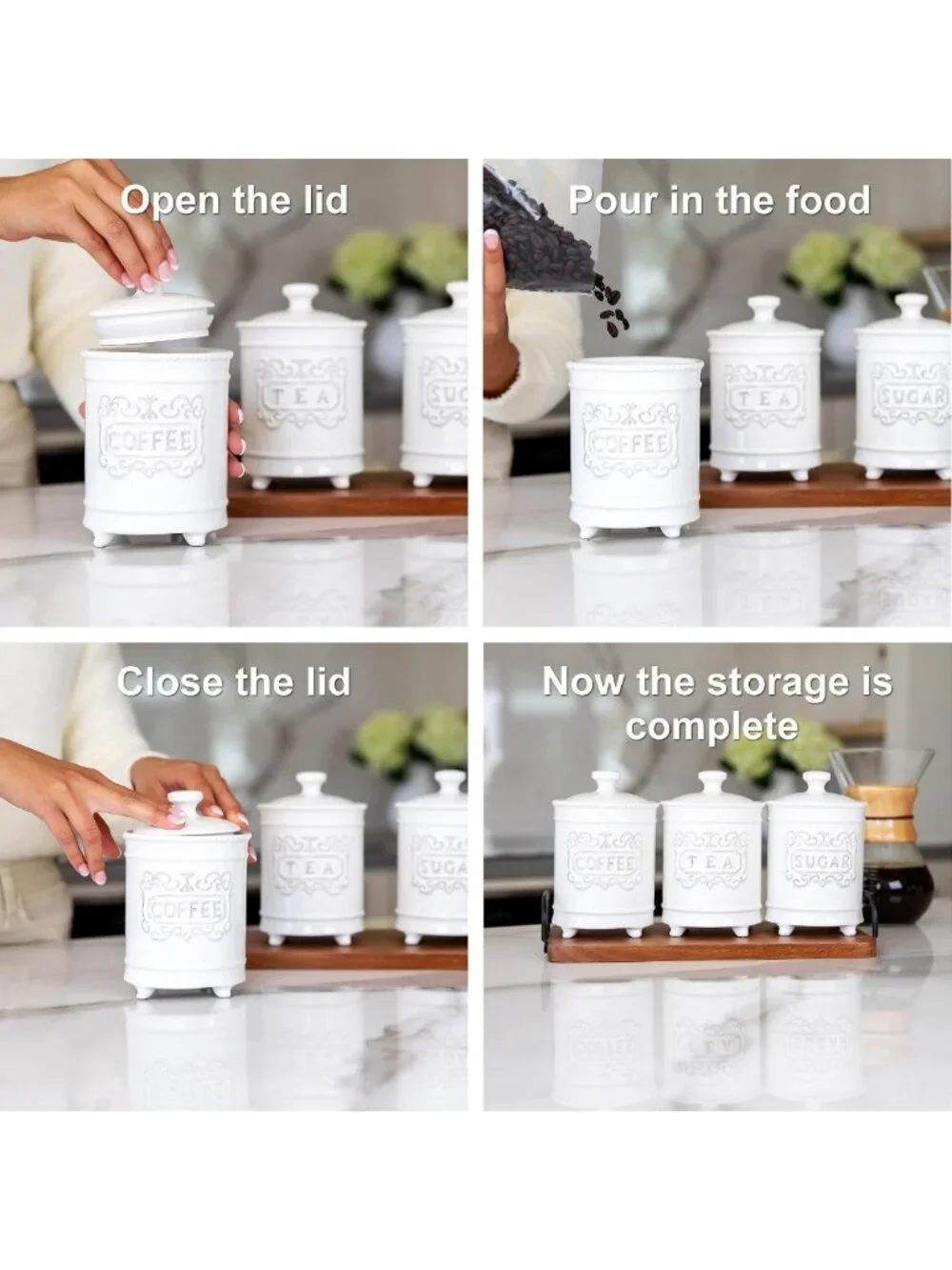 3-Piece Ceramic Canister Set - 35 Oz Each, Airtight Lids, Kitchen Storage